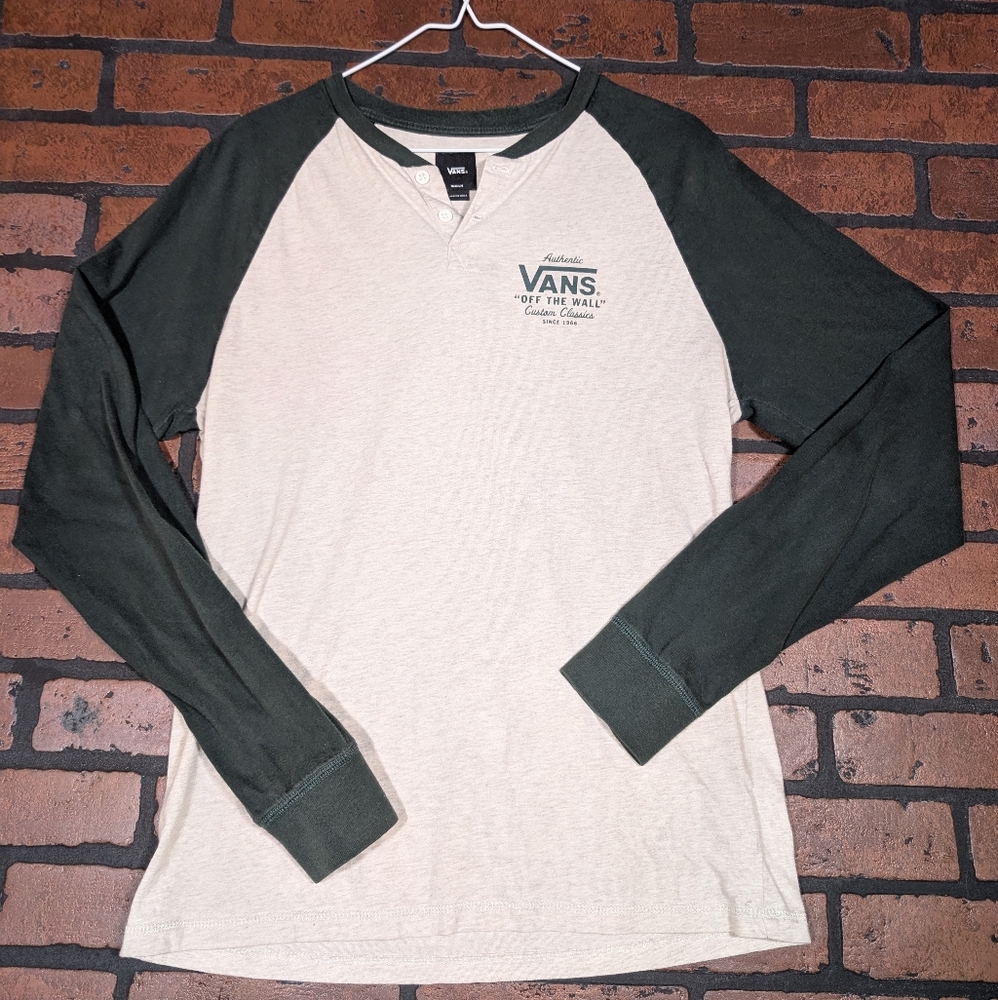 Vans‎ Men's Off-White and Dark Green Long Sleeve Tee
